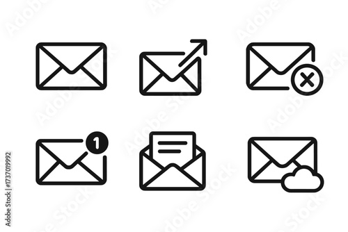 Email icon set with editable stroke. Mail message collection in line art style. Send, delete, spam, new notification, inbox, and cloud mail symbols for web and app UI.