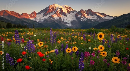 Fototapeta Naklejka Na Ścianę i Meble -  Scenic meadow blooming with vibrant wildflowers set against a snow-capped mountain