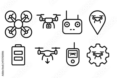 Drone technology icons set, quadcopter UAV line art symbols, remote controller, battery and GPS location pin, drone operation and settings illustration