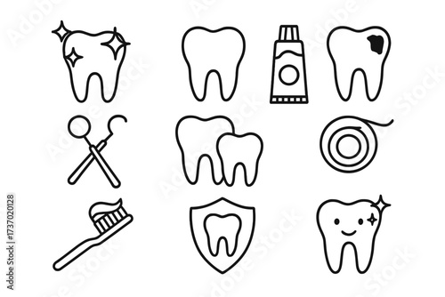 Dental care icons set, clean shiny tooth, cavity tooth, toothbrush, toothpaste, dental floss, dental tools, tooth protection, family dentistry, oral hygiene symbols, vector illustration