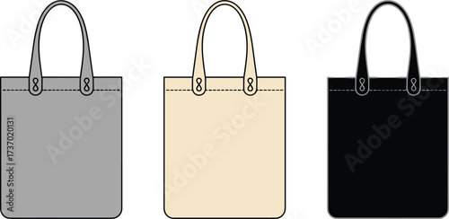 Flat vector illustration of stylish tote bags in gray, beige, and black colors, eco friendly reusable shopping bag design collection