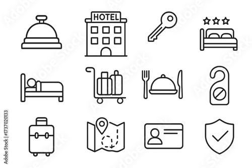 Hotel and travel icon set vector illustration. Hotel building, bell, key, bed, luggage cart, dining, map, ID card, security shield, door hanger, suitcase, and sleep icons. Transparent background.