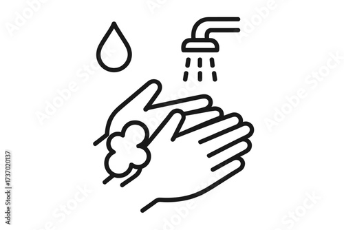 Hand washing vector line icon for hygiene and disease prevention. Lathering hands with soap and water for antibacterial cleaning. Simple sanitation and cleanliness symbol.
