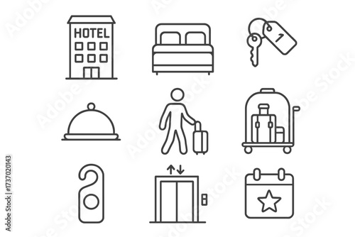 Hotel and travel icons set with bed, key, luggage cart, elevator, do not disturb sign, and calendar star for hospitality and accommodation services vector illustration