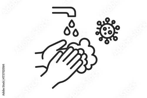Hand washing for virus prevention. Hygiene concept with hands, soap, water. Coronavirus, Covid-19 protection. Disinfection, sanitation, antibacterial. Line vector icon.