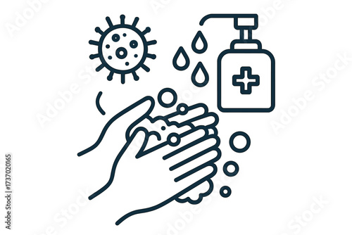 Hand washing for coronavirus prevention. Vector line icon of hands with soap and water. Hygiene concept illustration for stopping covid-19. Disinfection and antibacterial safety.