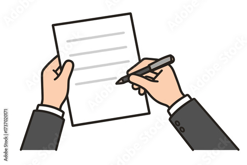 Businessman hands signing a contract. Person writing on a document. Concept of agreement, paperwork, application form, deal or legal signature. Fill out information.