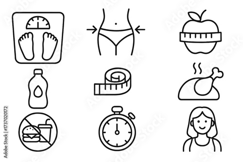 Diet and weight loss line icon set. Vector symbols for fitness, nutrition, and a healthy lifestyle. Includes scale, slim waist, measuring tape, healthy food, and no junk food sign.