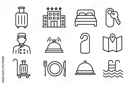 Hospitality and Hotel Service Icon Set with Luggage, Hotel Building, Bed, Key, Bellboy, Dinner Plate, Do Not Disturb Sign, Map, and Pool Vector Line Illustrations for Travel and Accommodation Concepts