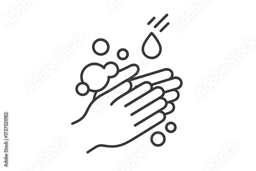 Hand washing icon for coronavirus and covid-19 prevention. Vector line art illustration of hands sanitizing with water and soap. Concept of hygiene, disinfection and antibacterial.