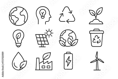 Environmental and Renewable Energy Icons Set with Earth, Recycling, Solar Panel, Wind Turbine, Battery, Sustainable Factory, Plant Growth, and Eco-Friendly Concepts Vector Illustration
