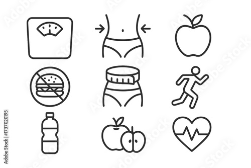 Diet and weight loss line icon set. Healthy lifestyle, fitness, and nutrition concepts. Vector icons of scale, running, slim waist, apple, measuring tape, and heart rate.