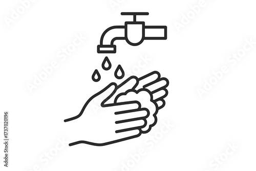 Hand washing for hygiene and health. Vector thin line icon of hands with soap and water for virus prevention. Simple design for antibacterial and sanitizing concept.