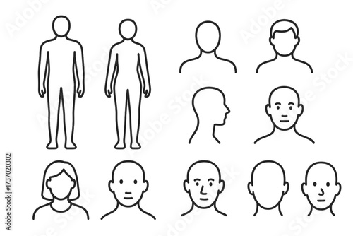 Human body, head and face line icon set. Editable stroke vector. Man and woman full body silhouette. People, person, avatar profile and bust simple outline symbols collection.