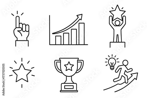 Success and achievement line icon set. Business growth and progress symbols. Vector outline icons of trophy, winner, star, award, chart, and career goal concept illustration.