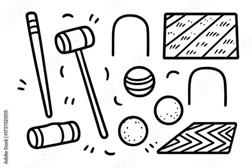 Croquet game elements doodle set. Vector cartoon illustration of outdoor sport equipment. Mallet, hoops, balls, and stake icons for lawn activity and leisure time fun.