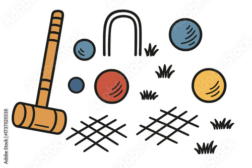 Croquet sport game vector collection. Doodle cartoon illustration set of isolated elements. Outdoor lawn activity equipment icons: mallet, wood hammer, wicket, hoop, and balls.