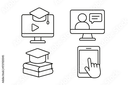 E-learning and online education icon set. Thin line vector symbols for distance learning, webinar, digital course, university knowledge. Graduation cap, computer, mobile learning.