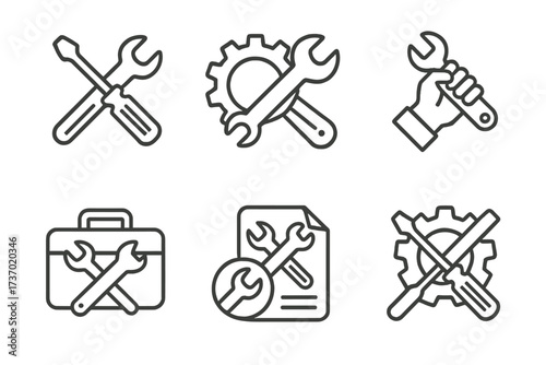 Set of Technical Tools Icon Line Art Vector Illustration with Transparent Background, Gear, Wrench, Screwdriver and Toolbox Symbols for Repair, Maintenance and Construction Design
