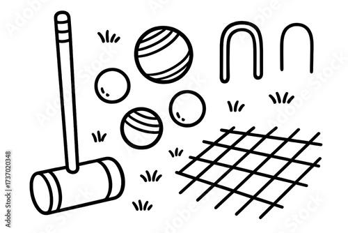 Croquet game equipment doodle set. Vector cartoon line art of outdoor summer sport. Collection with mallet, balls, hoops, wickets, and lawn pattern. Isolated leisure activity icons.