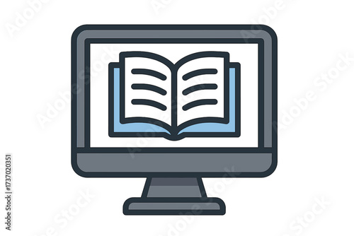 Online education and e-learning concept. Computer screen with open book, a symbol for digital library, ebook, and online courses. Distance learning and information access icon.