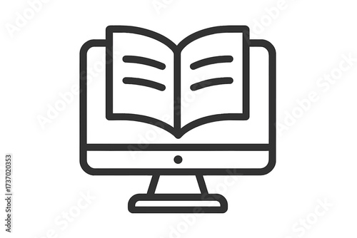 Online education and e-learning vector icon. Book on computer screen. Symbol for digital library, ebook, online course, distance learning, tutorial, webinar, knowledge, study.
