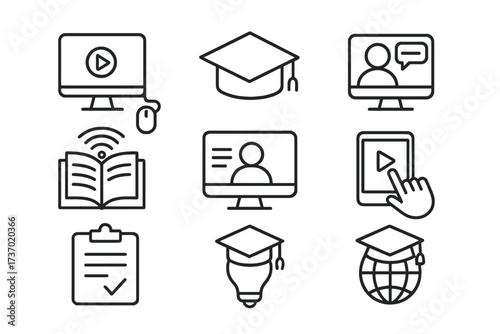 E-learning and online education line icon set. Vector symbols for distance learning, webinar, university, and digital courses. Study, tutorial, and graduation concept.