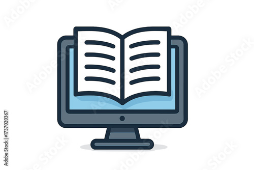 Online education and e-learning concept with book on computer screen. Vector icon for digital library, webinar, online courses, and distance learning. Ebook and knowledge.