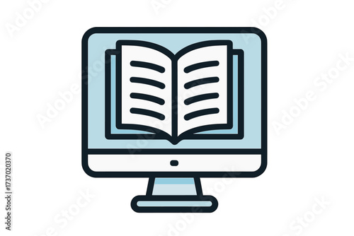 Online education and e-learning icon with computer and book. Digital library, online course, and ebook reading concept. Vector illustration for knowledge, study, and training.
