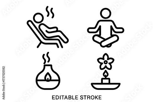Relaxation and wellness line icon set. Editable stroke vectors for spa, meditation, and self-care concepts. Includes sauna, yoga, aromatherapy candle, and oil diffuser symbols.
