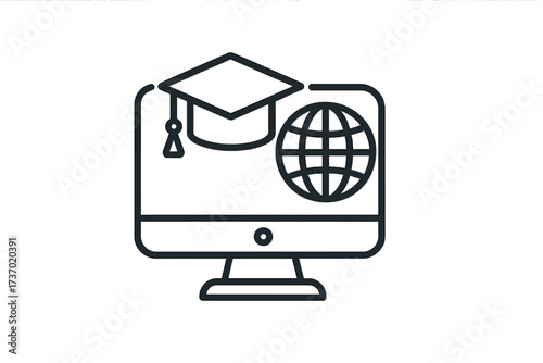 Online education and e-learning line icon. Distance learning, global studies. Computer with graduation cap and globe. Vector for webinar, virtual university, online course.