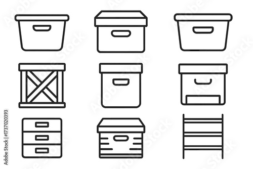 Monochrome vector storage line art icon set, transparent background, minimalist black and white boxed container and crate illustrations, organized storage symbols collection