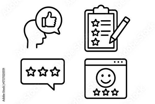 Customer satisfaction and feedback line icon set. Vector symbols for review, rating, survey, quality evaluation, and client testimonials. User experience and approval signs.