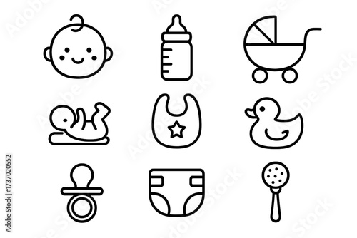 Baby care thin line icon set. Newborn essentials and childcare symbols. Vector collection of infant items for parenting, baby shower design. Stroller, bottle, pacifier, toy.