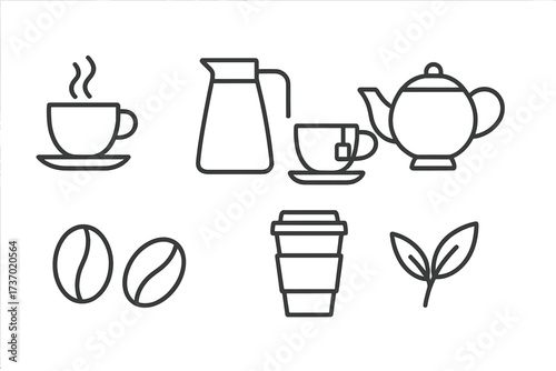 Coffee and tea line icon set. Vector graphic collection for cafe, hot drinks, and beverages. Symbols of coffee cup, teapot, beans, teabag, and to-go mug. Editable outline design.