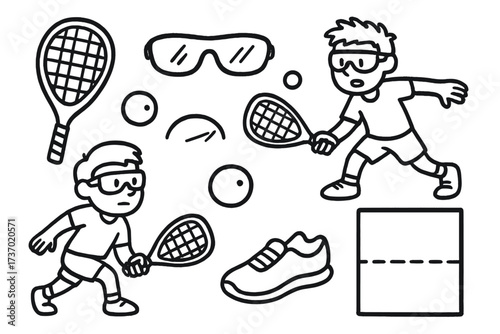 Racquetball or squash sports doodle set. Cartoon player, racket, ball, and equipment icons. Hand-drawn black and white line art vector illustration collection for design.