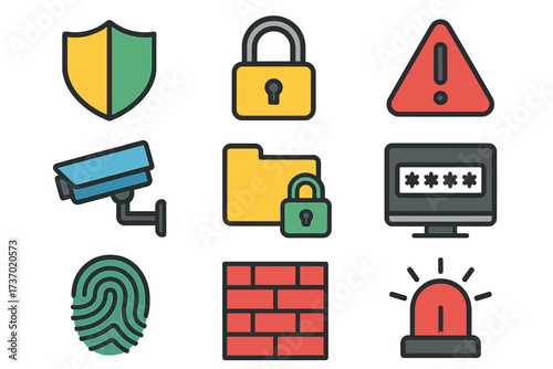 Security icons set vector illustration with shield, padlock, warning, CCTV camera, locked folder, password screen, fingerprint, firewall, and alert siren icons for cybersecurity