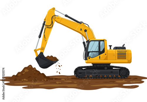 Yellow excavator digging in brown dirt