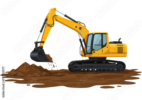 Yellow excavator digging in brown dirt
