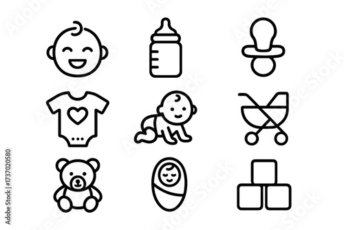 Baby and newborn line icon set. Simple outline symbols for childcare, motherhood, and parenting. Editable vector pictogram collection with bottle, pacifier, stroller, teddy bear.