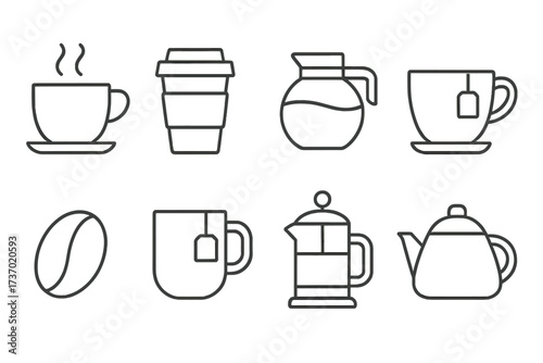 Coffee and tea line icon set. Vector symbols for cafe menu, restaurant, and hot drinks. Includes cup, mug, teapot, French press, bean, and takeaway cup. Minimalist outline graphic.