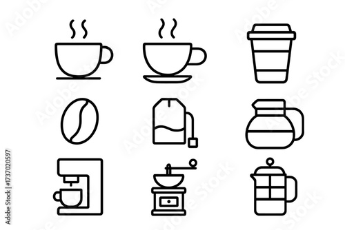 Coffee and tea line icon set. Vector symbols for cafe menu, barista, or coffee shop. Includes cup, bean, espresso machine, grinder, french press, pot, and teabag icons.