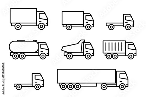 Truck line icon set. Vector collection of commercial vehicles. Includes semi-trailer, dump truck, tanker, flatbed and box truck for logistics, delivery, and transportation.