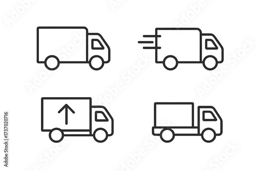 Delivery truck line icon set. Shipping and logistics vector collection. Fast transport and freight service symbols for e-commerce. Cargo van and lorry pictograms illustration.