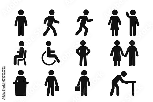 Human figure icons set, walking, running, sitting, wheelchair user, man and woman, greeting, holding hands, businessperson, elderly with cane, black silhouette vector illustration for signage and UI