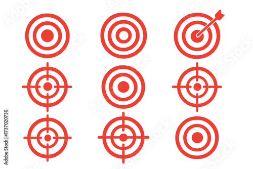 Target icon set for business goals and success concepts. Vector illustration of a bullseye with an arrow, aim, crosshairs, and focus symbols. Hit the mark, marketing objective.