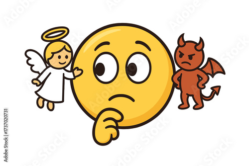 Emoticon with angel and devil on shoulders. Concept of choice between good and bad. Moral dilemma, conscience, temptation, inner conflict, and ethics. Vector illustration.