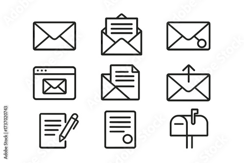 Mail and email icon set. Vector line art symbols for communication, message, and correspondence. Includes envelope, letter, send, receive, inbox, webmail, and mailbox icons.