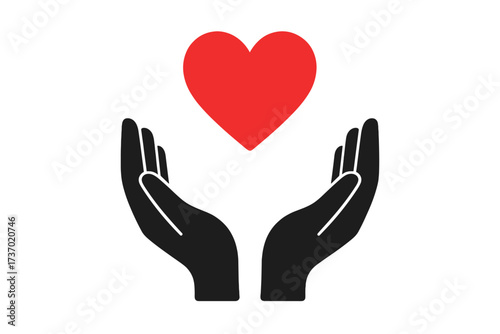 Hands receiving a red heart. Vector icon of love, help, kindness, and donation. Flat glyph illustration for concepts of charity, philanthropy, compassion, care, and health.