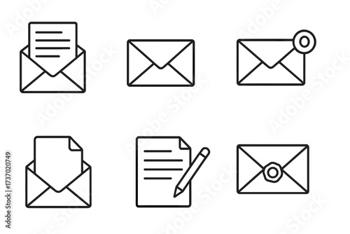 Mail icon set. Vector line art collection of email and letter symbols. Outline pictograms for communication, contact, and messaging. Open envelope, new message, and write icons.